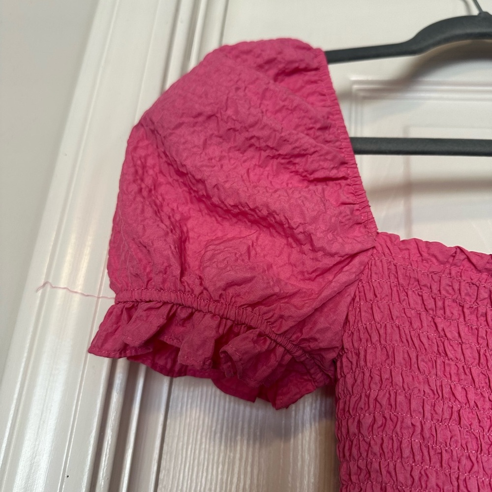 Zara Texture Weave Puff Sleeve Hot Pink Mini Dress Size XS - Picture 4 of 7
